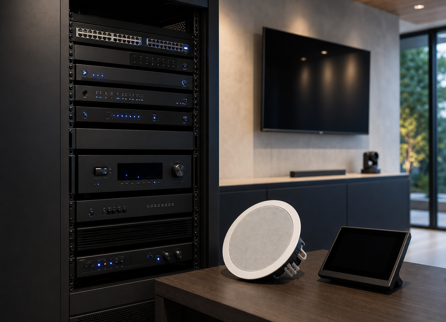 Commercial AV rack, display, speaker, and control equipment