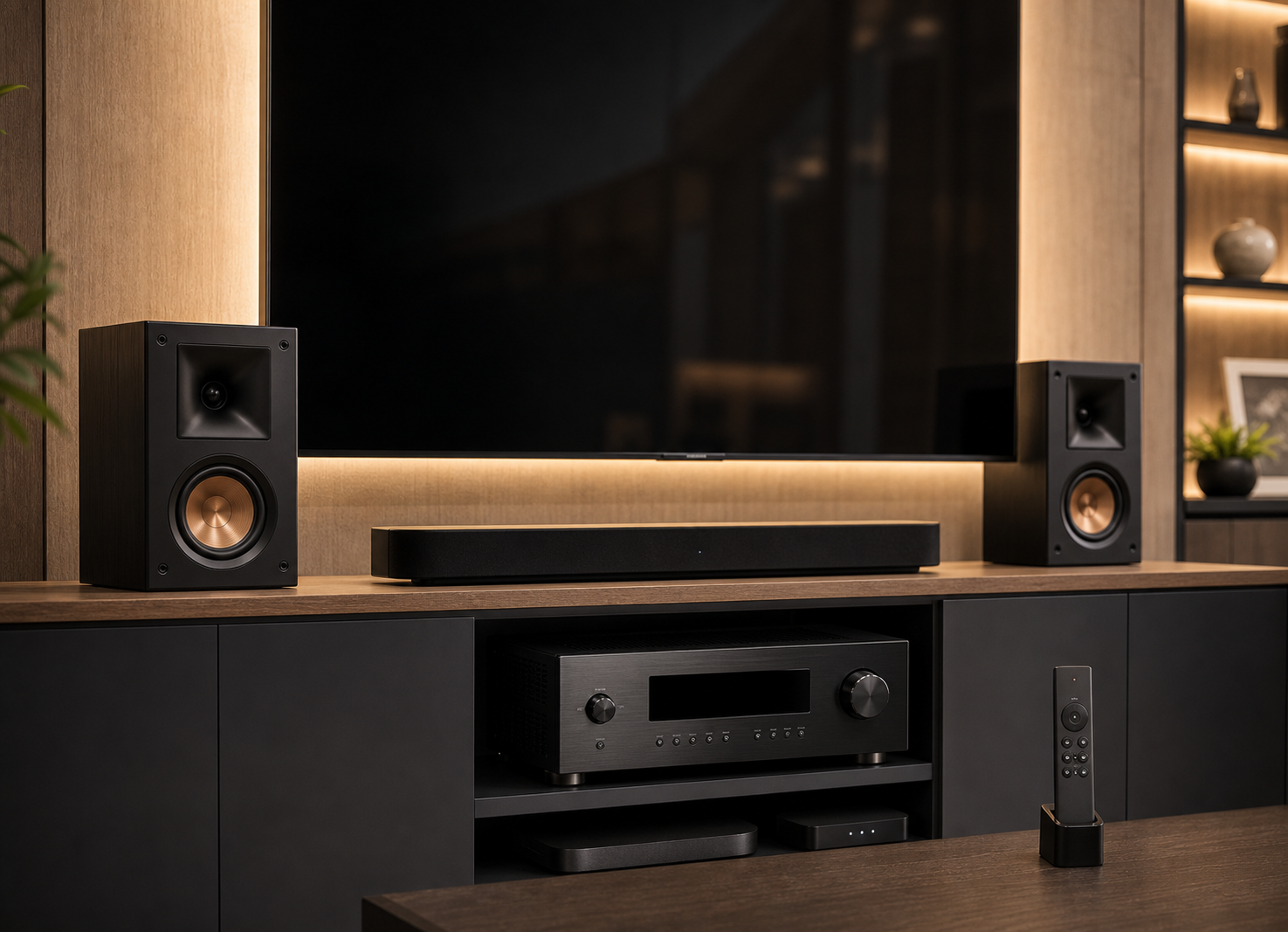 Home audio video equipment with TV, speakers, receiver, and control remote